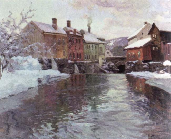 Frits Thaulow snow covered buildings by a river oil painting picture